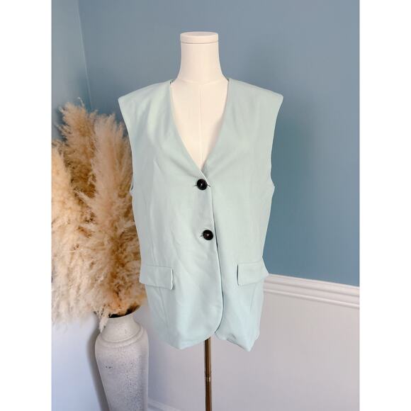 NWT Zara Lapeless Light Academia Blazer Vest Medium Sea Green - Picture 2 of 8